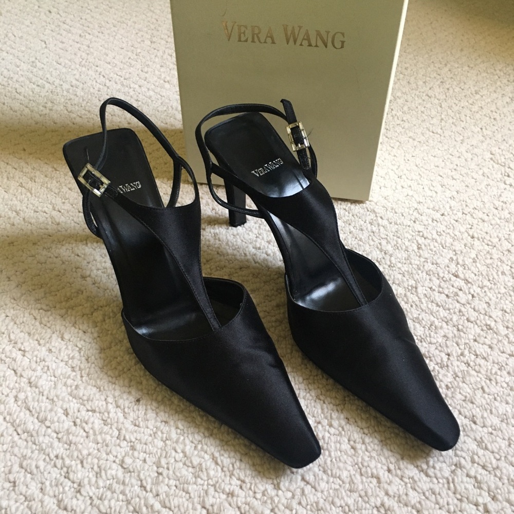 Vera Wang black satin strappy heels